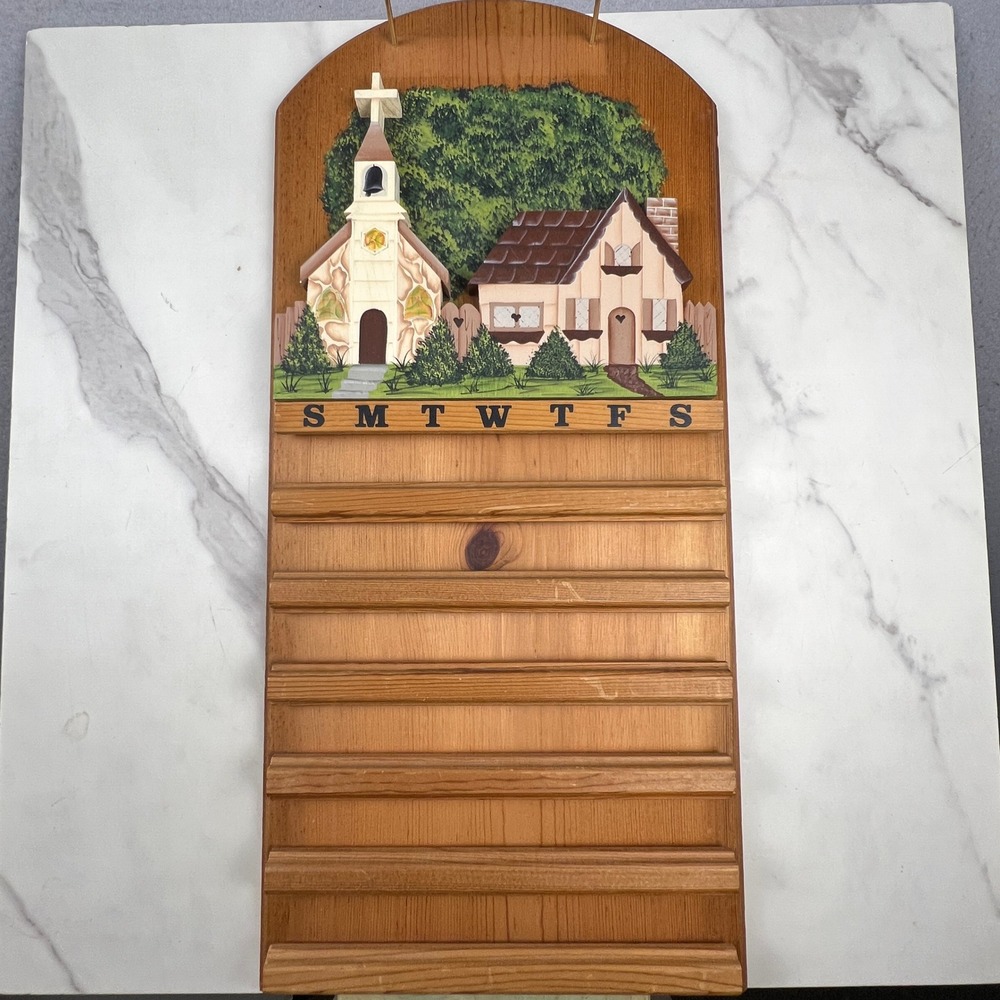 Vintage Wood Perpetual Calendar Wall Decor Brown Church Cottage Folk Art Rustic